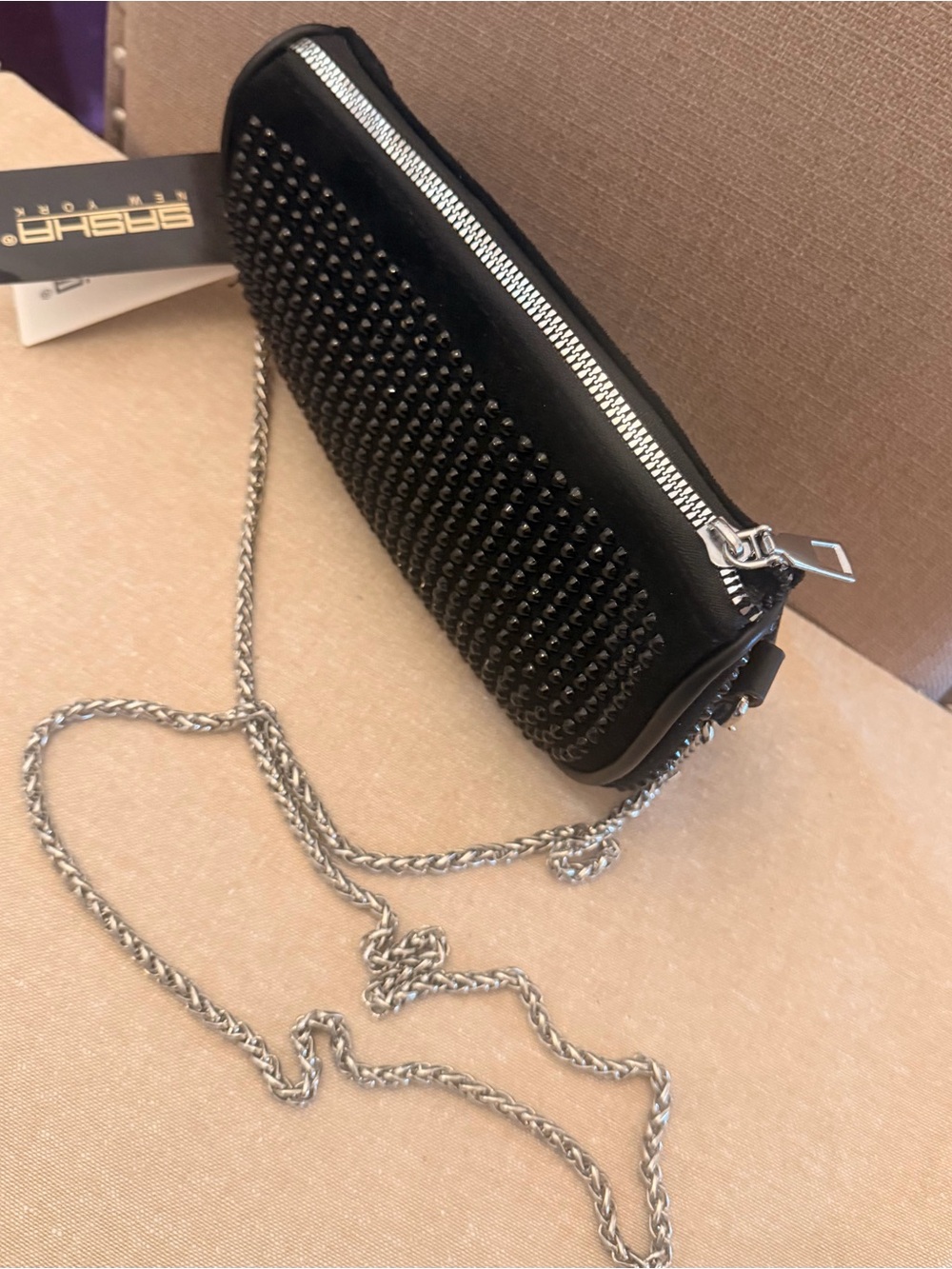 Black Studded Crossbody Bag with Silver Chain - Picture 2 of 4